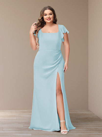 Robe de Demoiselle d'Honneur Grande Taille En Mousseline à Manches Courtes et Fourreau/Colonne avec Côté Fendu