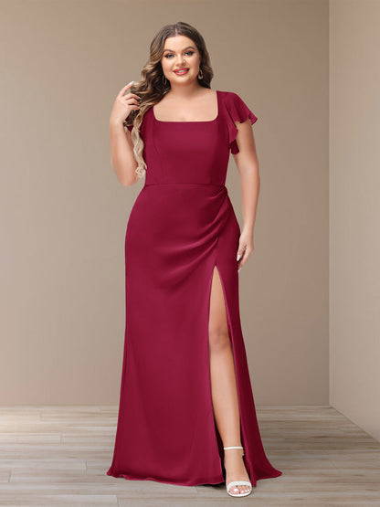 Robe de Demoiselle d'Honneur Grande Taille En Mousseline à Manches Courtes et Fourreau/Colonne avec Côté Fendu