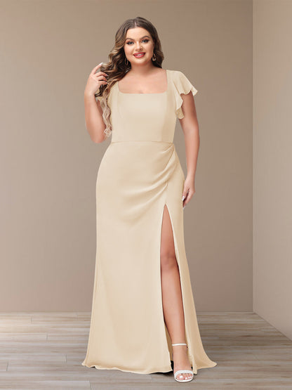 Robe de Demoiselle d'Honneur Grande Taille En Mousseline à Manches Courtes et Fourreau/Colonne avec Côté Fendu