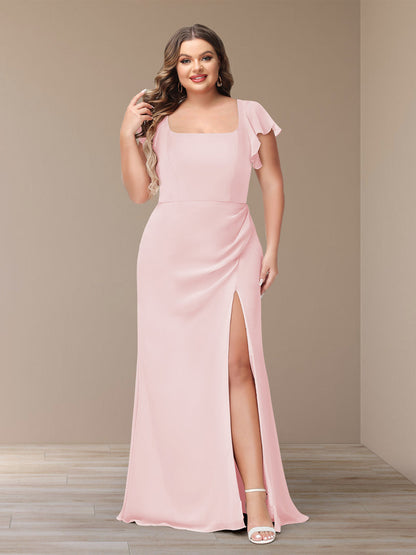 Robe de Demoiselle d'Honneur Grande Taille En Mousseline à Manches Courtes et Fourreau/Colonne avec Côté Fendu