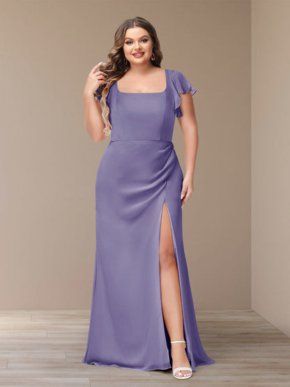 Robe de Demoiselle d'Honneur Grande Taille En Mousseline à Manches Courtes et Fourreau/Colonne avec Côté Fendu
