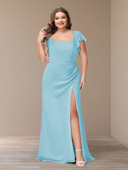 Robe de Demoiselle d'Honneur Grande Taille En Mousseline à Manches Courtes et Fourreau/Colonne avec Côté Fendu