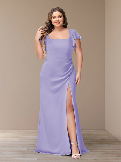 Robe de Demoiselle d'Honneur Grande Taille En Mousseline à Manches Courtes et Fourreau/Colonne avec Côté Fendu