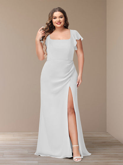 Robe de Demoiselle d'Honneur Grande Taille En Mousseline à Manches Courtes et Fourreau/Colonne avec Côté Fendu