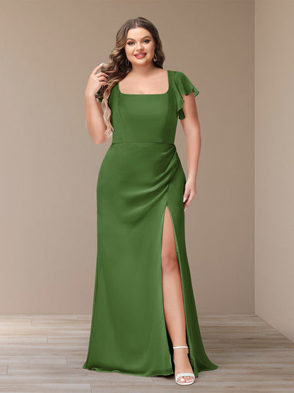 Robe de Demoiselle d'Honneur Grande Taille En Mousseline à Manches Courtes et Fourreau/Colonne avec Côté Fendu