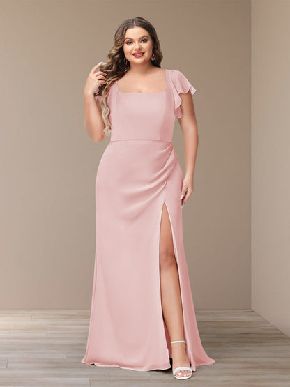 Robe de Demoiselle d'Honneur Grande Taille En Mousseline à Manches Courtes et Fourreau/Colonne avec Côté Fendu
