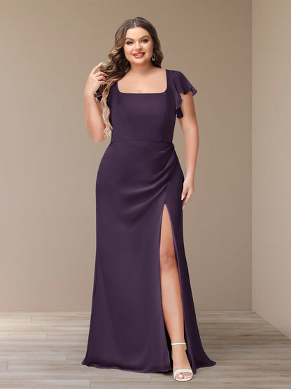 Robe de Demoiselle d'Honneur Grande Taille En Mousseline à Manches Courtes et Fourreau/Colonne avec Côté Fendu