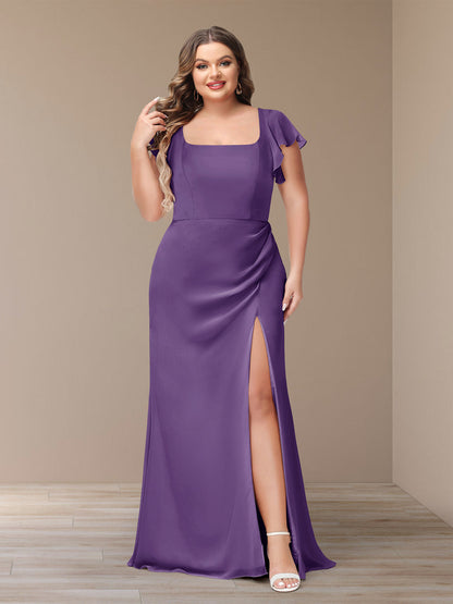 Robe de Demoiselle d'Honneur Grande Taille En Mousseline à Manches Courtes et Fourreau/Colonne avec Côté Fendu