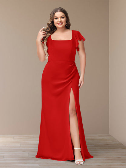 Robe de Demoiselle d'Honneur Grande Taille En Mousseline à Manches Courtes et Fourreau/Colonne avec Côté Fendu