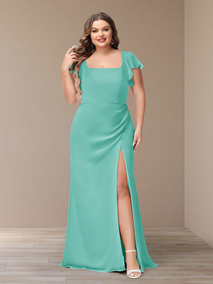 Robe de Demoiselle d'Honneur Grande Taille En Mousseline à Manches Courtes et Fourreau/Colonne avec Côté Fendu