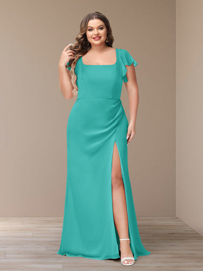 Robe de Demoiselle d'Honneur Grande Taille En Mousseline à Manches Courtes et Fourreau/Colonne avec Côté Fendu