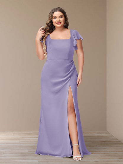 Robe de Demoiselle d'Honneur Grande Taille En Mousseline à Manches Courtes et Fourreau/Colonne avec Côté Fendu