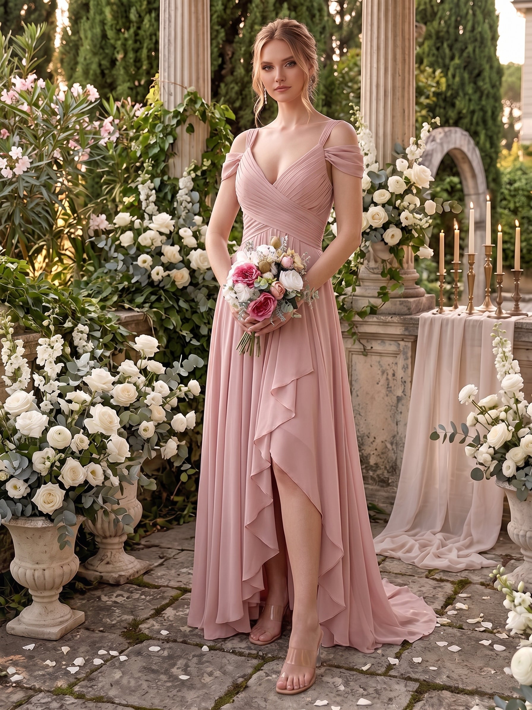 Robe de demoiselle d'honneur en mousseline longue au sol, coupe trapèze, col en V plissé et fente latérale