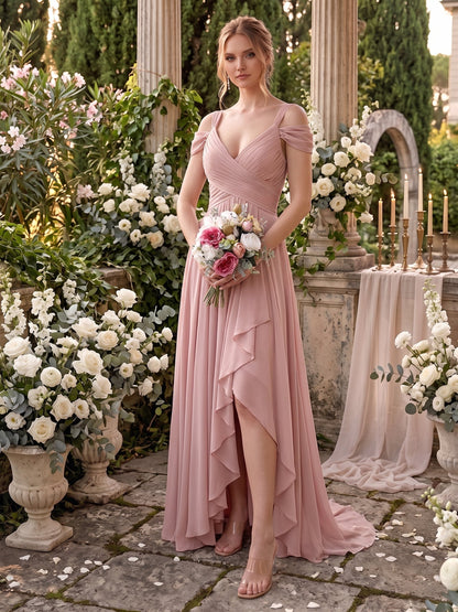 Robe de demoiselle d'honneur en mousseline longue au sol, coupe trapèze, col en V plissé et fente latérale