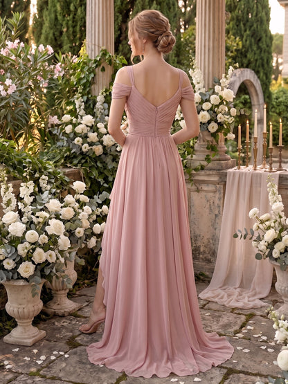 Robe de demoiselle d'honneur en mousseline longue au sol, coupe trapèze, col en V plissé et fente latérale