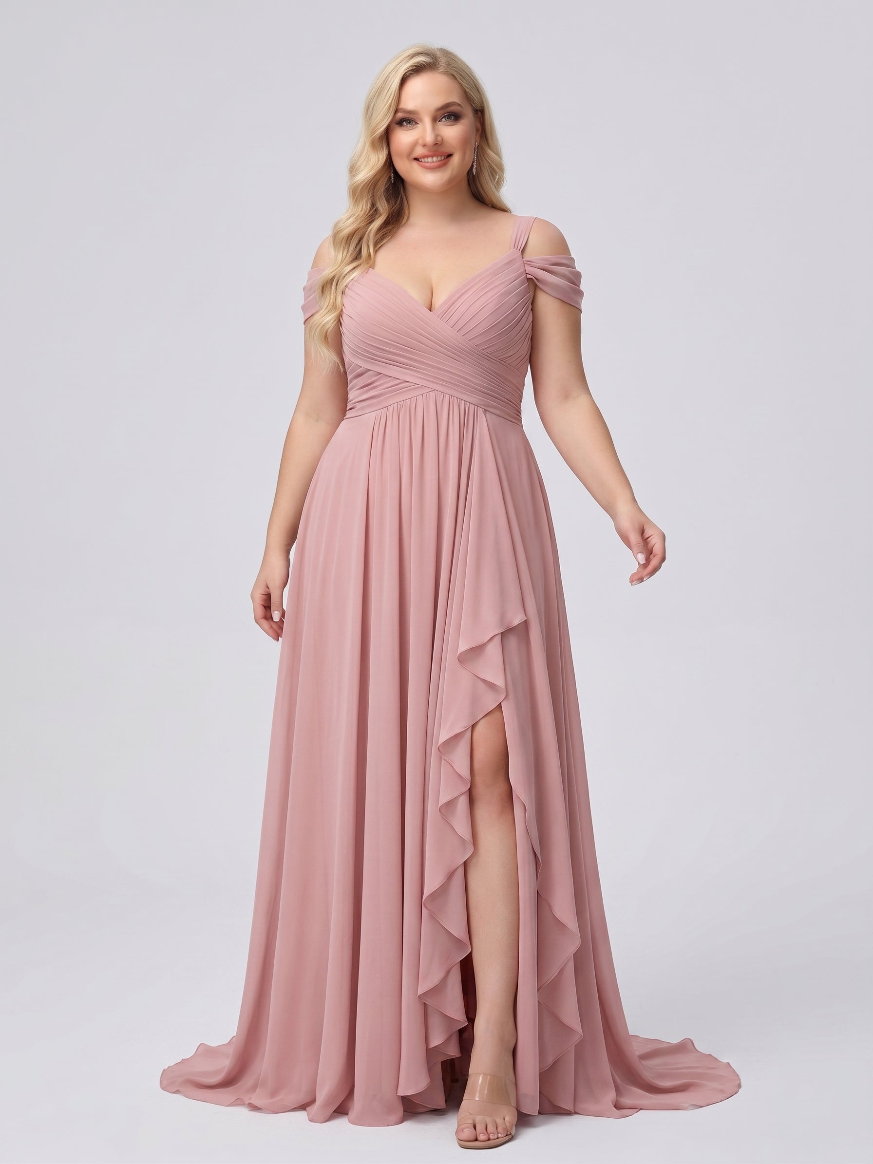 Robe de demoiselle d'honneur grande taille, coupe trapèze/princesse, décolleté en V fendu sur le côté, longueur au sol, en mousseline avec volants