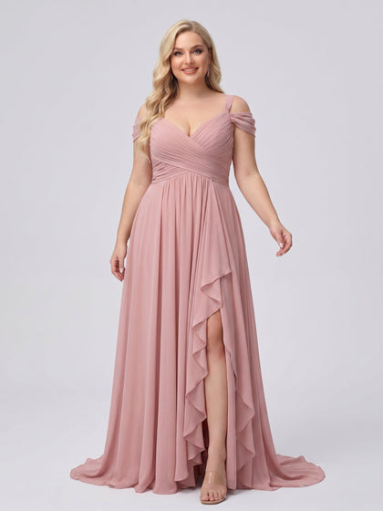 Robe de demoiselle d'honneur grande taille, coupe trapèze/princesse, décolleté en V fendu sur le côté, longueur au sol, en mousseline avec volants