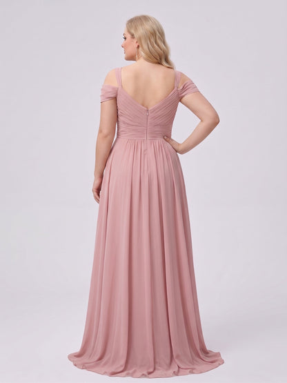Robe de demoiselle d'honneur grande taille, coupe trapèze/princesse, décolleté en V fendu sur le côté, longueur au sol, en mousseline avec volants