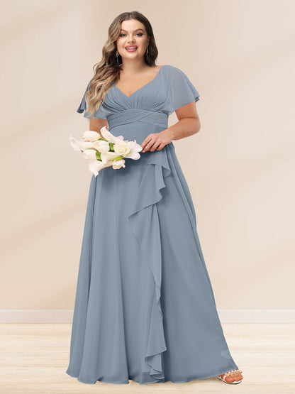 Robe de Demoiselled'Honneur Grande Taille Longue, Coupe A-Line/Princesse, Col en V avec Volants