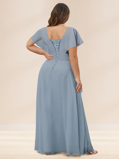 Robe de Demoiselled'Honneur Grande Taille Longue, Coupe A-Line/Princesse, Col en V avec Volants