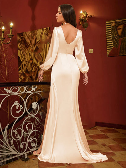 Robe de Soirée Gaine/Colonne à Col en V & Manches Longues, avec Fente Latérale & Fronces