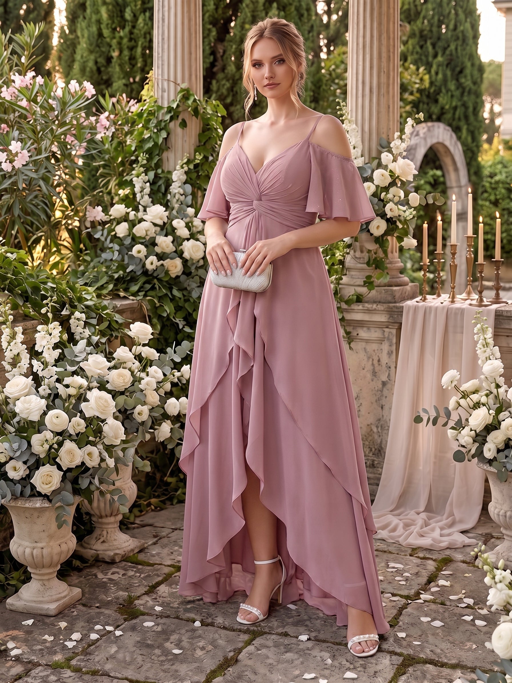 Robe de demoiselle d'honneur trapèze à bretelles spaghetti, col en V et demi-manches volantées
