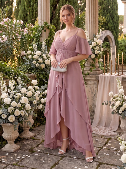 Robe de demoiselle d'honneur trapèze à bretelles spaghetti, col en V et demi-manches volantées