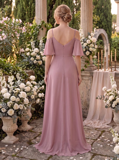 Robe de demoiselle d'honneur trapèze à bretelles spaghetti, col en V et demi-manches volantées
