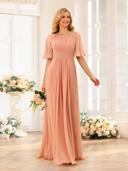 Robes de Demoiselled'Honneur Coupe A-Line/Princesse, Longueur au Sol, Manches Courtes avec Ceinture