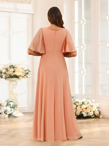 Robes de Demoiselled'Honneur Coupe A-Line/Princesse, Longueur au Sol, Manches Courtes avec Ceinture