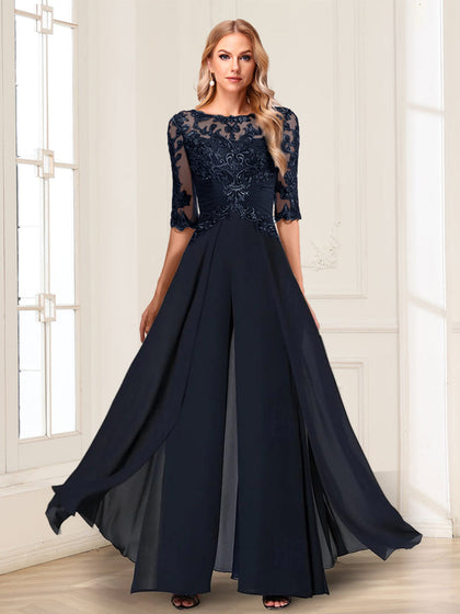 Tailleur-Pantalon en Mousseline de Soie, Longueur au Sol, Manches Mi-Longues, Décolleté Plongeant, Pour Mère de la Mariée
