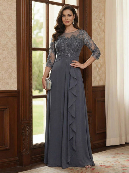 Mousseline Ligne A/Princesse Scoop 3/4 Manches  Robes Mère de la Mariée avec Appliques & Froufrous