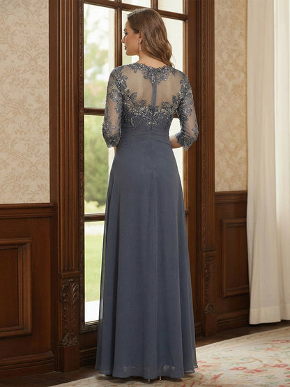 Robe Mère de la Mariée Ligne A/Princesse en Mousseline, Col Dégagé & Manches 3/4, Appliques & Volants