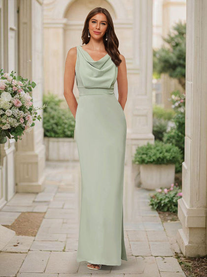 Robe de Demoiselled'Honneur Sirène/Trompette, Col Bénitier, Sans Manches, Longueur au Sol, Froncée