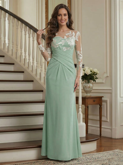 Robe longue de la mère de la mariée sirène, col rond, manches longues, froncée avec broderie