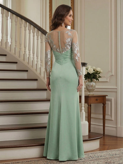 Robe longue de la mère de la mariée sirène, col rond, manches longues, froncée avec broderie