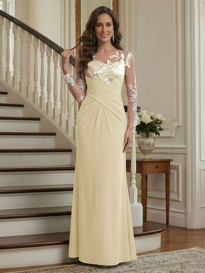 Robe longue de la mère de la mariée sirène, col rond, manches longues, froncée avec broderie