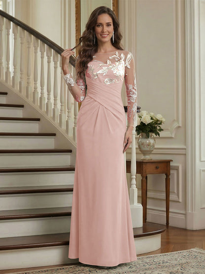 Robe longue de la mère de la mariée sirène, col rond, manches longues, froncée avec broderie