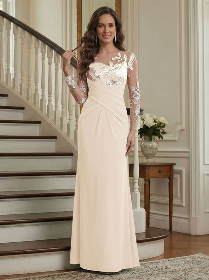Robe longue de la mère de la mariée sirène, col rond, manches longues, froncée avec broderie