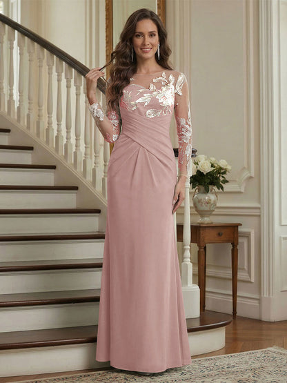 Robe longue de la mère de la mariée sirène, col rond, manches longues, froncée avec broderie