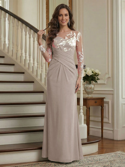 Robe longue de la mère de la mariée sirène, col rond, manches longues, froncée avec broderie