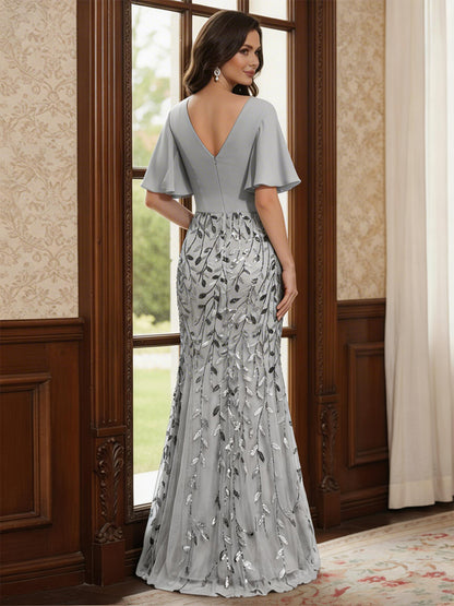 Robe longue de la mère de la mariée sirène, col en V, demi-manches et appliqués