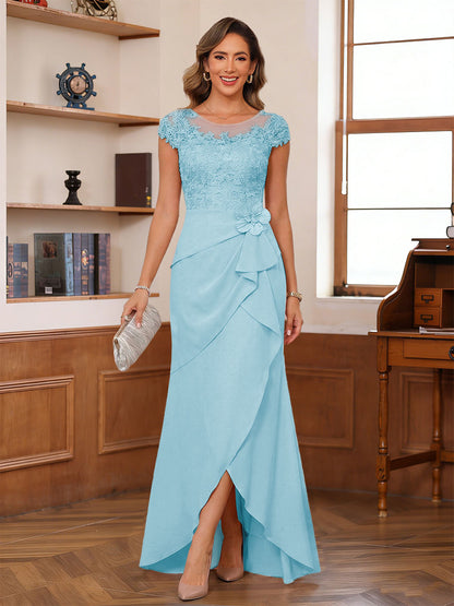 Robe de la mère de la mariée fourreau, col rond, manches courtes, dentelle et fleurs 3D