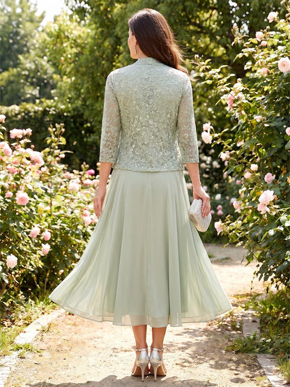 Robe de Mère de la Mariée Coupe A-Line/Princesse à Col Rond, Manches 3/4, Longueur Thé avec Appliques & Veste