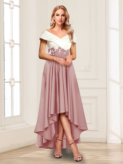 Robe de Mère de la Mariée Longue, Coupe Trapèze/Princesse, Col en V, Manches Courtes avec Appliques