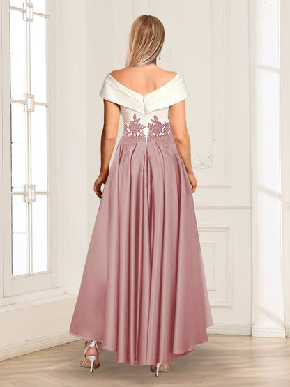 Robe de Mère de la Mariée Longue, Coupe Trapèze/Princesse, Col en V, Manches Courtes avec Appliques