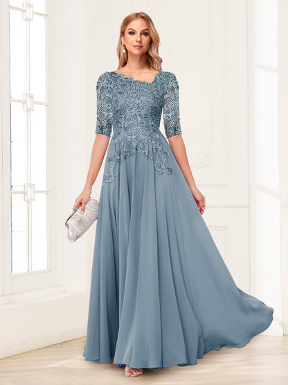 Robe de Mère de la Mariée Asymétrique en Mousseline de Soie, Coupe A-Line/Princesse, Manches Mi-Longues avec Appliques