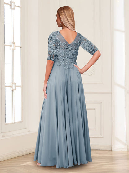 Robe de Mère de la Mariée Asymétrique en Mousseline de Soie, Coupe A-Line/Princesse, Manches Mi-Longues avec Appliques