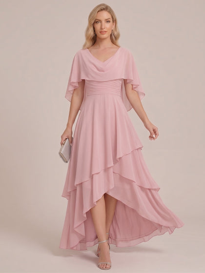 Ligne A/Princesse Col en V Manches Courtes À plusieurs niveaux Asymétrique Mousseline Robes Mère de la Mariée