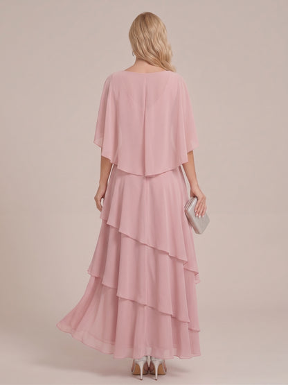 Robe Mère de la Mariée en Mousseline Ligne A/Princesse, Coupe Asymétrique à Volants Étagés, Col en V